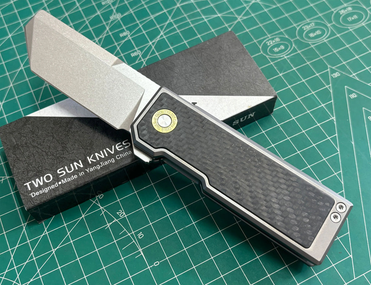 TwoSun Folding Knife Titanium With CARBON FIBER Handle Stonewashed TS529-14C28N-CF