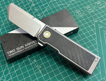 TwoSun Folding Knife Titanium With CARBON FIBER Handle Stonewashed TS529-14C28N-CF