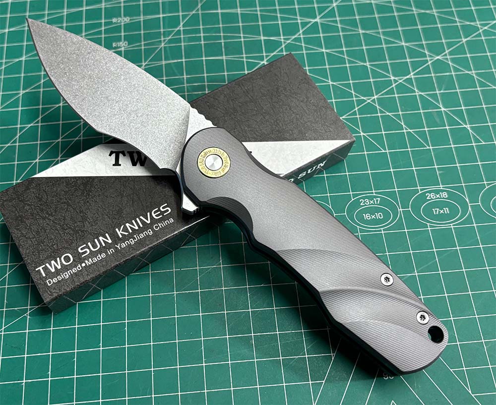 TwoSun Folding Knife Black Titanium Handle Stonewashed 14c28n TS517 Designed by David Chen