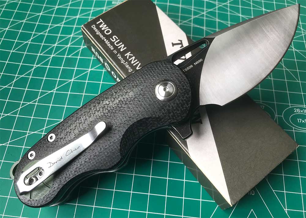 TWOSUN FLIPPER FOLDING KNIFE DAVID CHEN DESIGN BLACK/GREEN MICARTA HANDLE N690 BLADE TS506