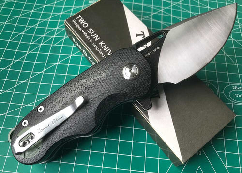 TWOSUN FLIPPER FOLDING KNIFE DAVID CHEN DESIGN BLACK/GREEN MICARTA HANDLE N690 BLADE TS506