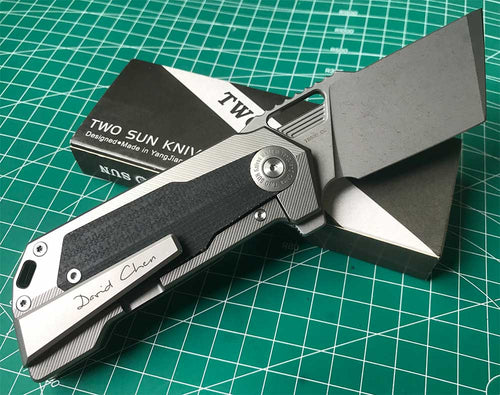 TWOSUN DAVID CHEN FLIPPER TANTO FOLDING KNIFE MICARTA TITANIUM HANDLE TS500-D2-StoneWash