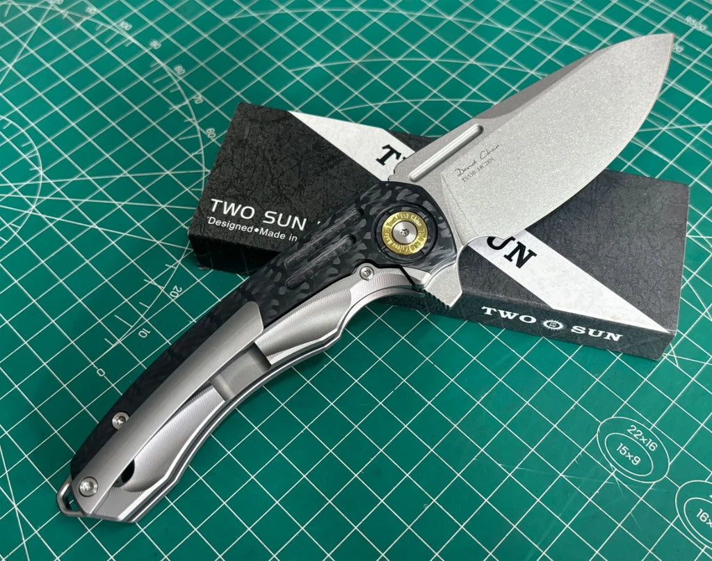 TWOSUN FOLDING KNIFE CARBON FIBER TITANIUM HANDLE 14C28N STONEWASHED TS530-14C28N