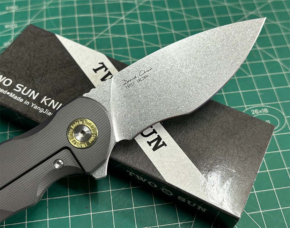 TwoSun Folding Knife Black Titanium Handle Stonewashed 14c28n TS517 Designed by David Chen