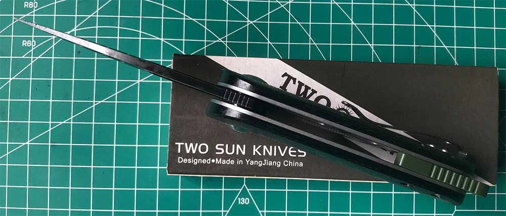 TWOSUN FLIPPER FOLDING KNIFE DAVID CHEN DESIGN BLACK/GREEN MICARTA HANDLE N690 BLADE TS506
