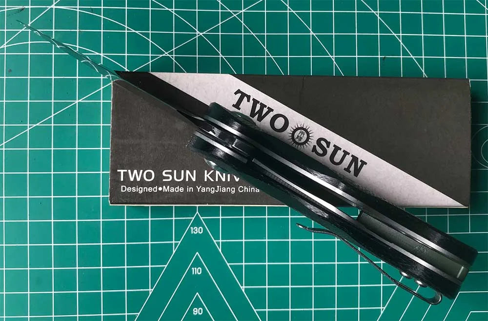TWOSUN FLIPPER FOLDING KNIFE DAVID CHEN DESIGN BLACK/GREEN MICARTA HANDLE N690 BLADE TS506