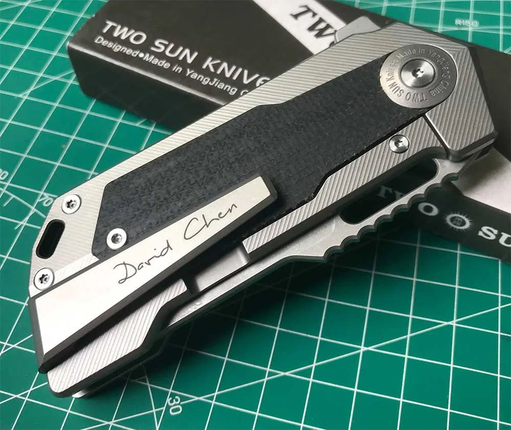 TWOSUN DAVID CHEN FLIPPER TANTO FOLDING KNIFE MICARTA TITANIUM HANDLE TS500-D2-StoneWash
