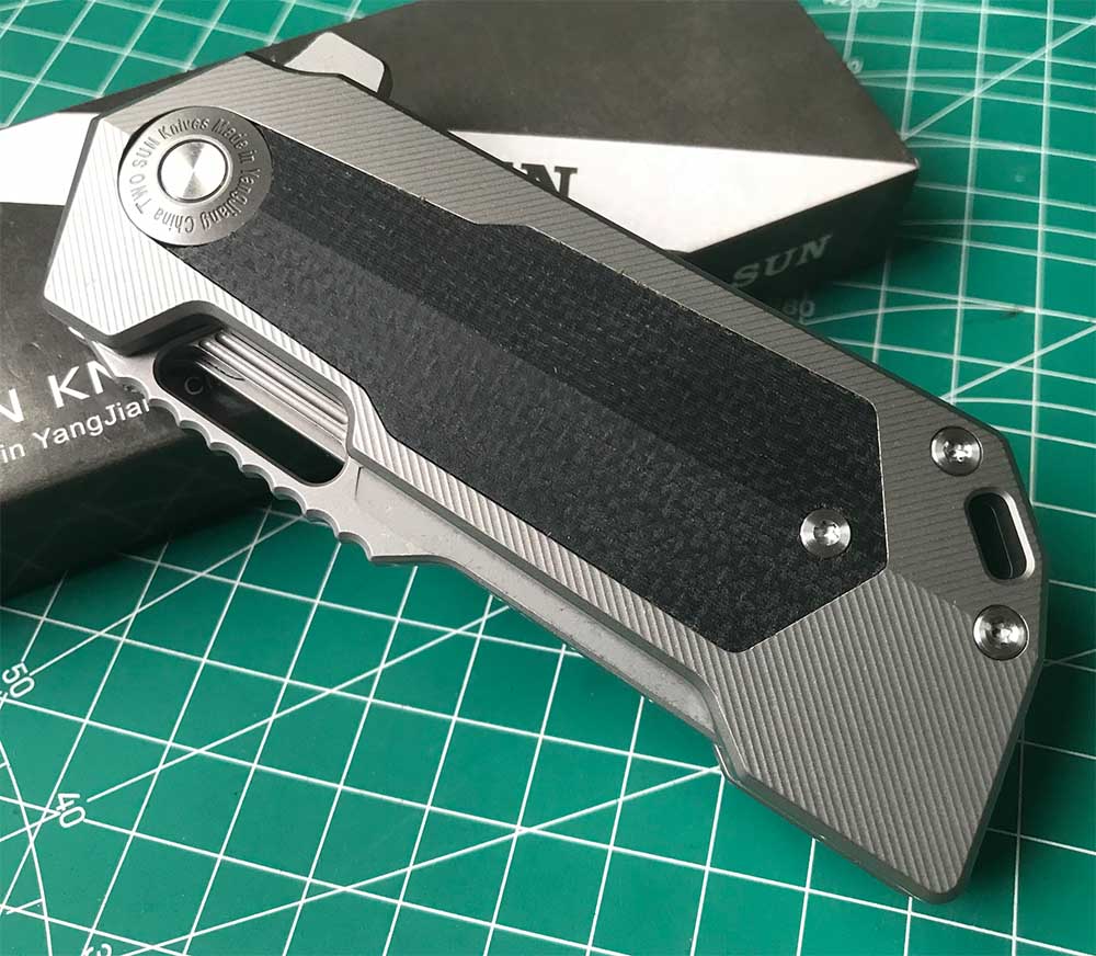 TWOSUN DAVID CHEN FLIPPER TANTO FOLDING KNIFE MICARTA TITANIUM HANDLE TS500-D2-StoneWash