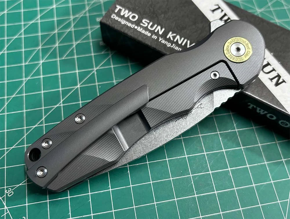 TwoSun Folding Knife Black Titanium Handle Stonewashed 14c28n TS517 Designed by David Chen