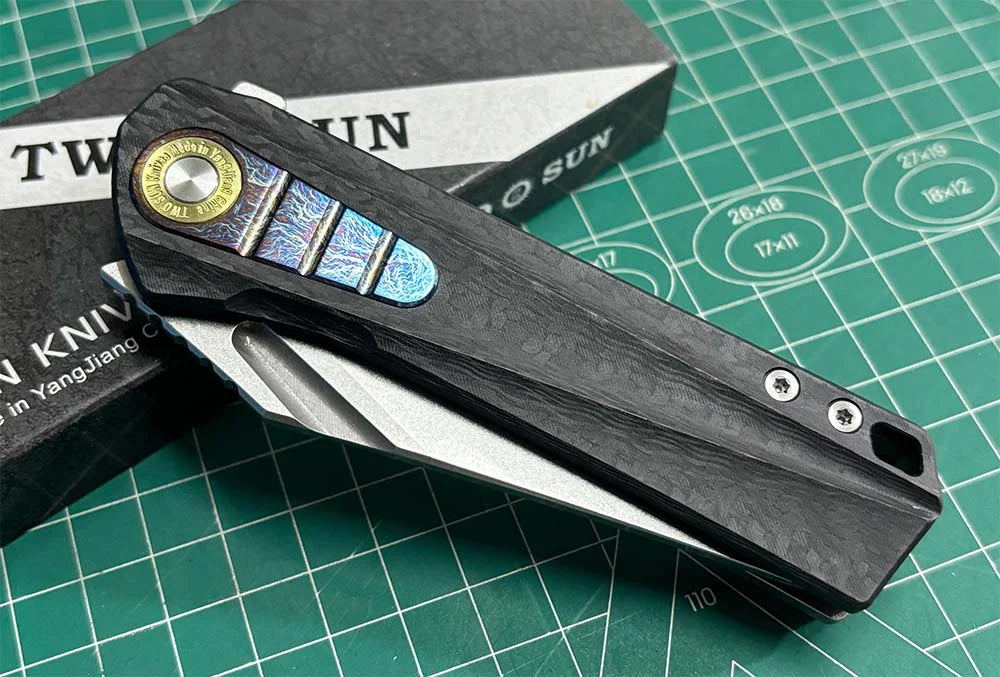TWOSUN FOLDING KNIFE TITANIUM/CARBON FIBER HANDLE K110 PLAIN EDGE TS523-K110 David Chen Design
