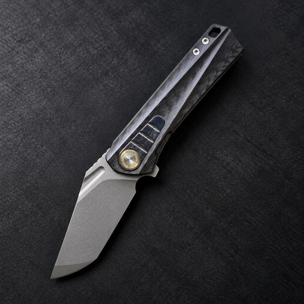 TWOSUN FOLDING KNIFE TITANIUM/CARBON FIBER HANDLE K110 PLAIN EDGE TS523-K110 David Chen Design-AUCTION